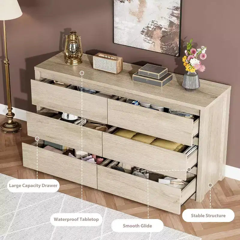 Modern 6 Drawer Dresser,47.2'' Wide Wood Chest of Drawers - Large Storage Cabinet for Living Room, Hallway, Entryway