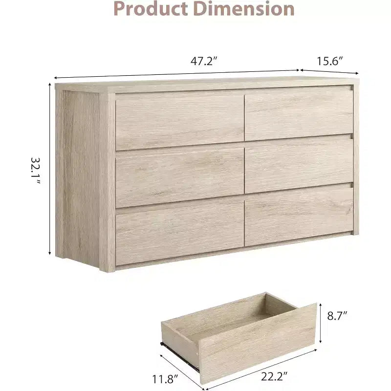 Modern 6 Drawer Dresser,47.2'' Wide Wood Chest of Drawers - Large Storage Cabinet for Living Room, Hallway, Entryway