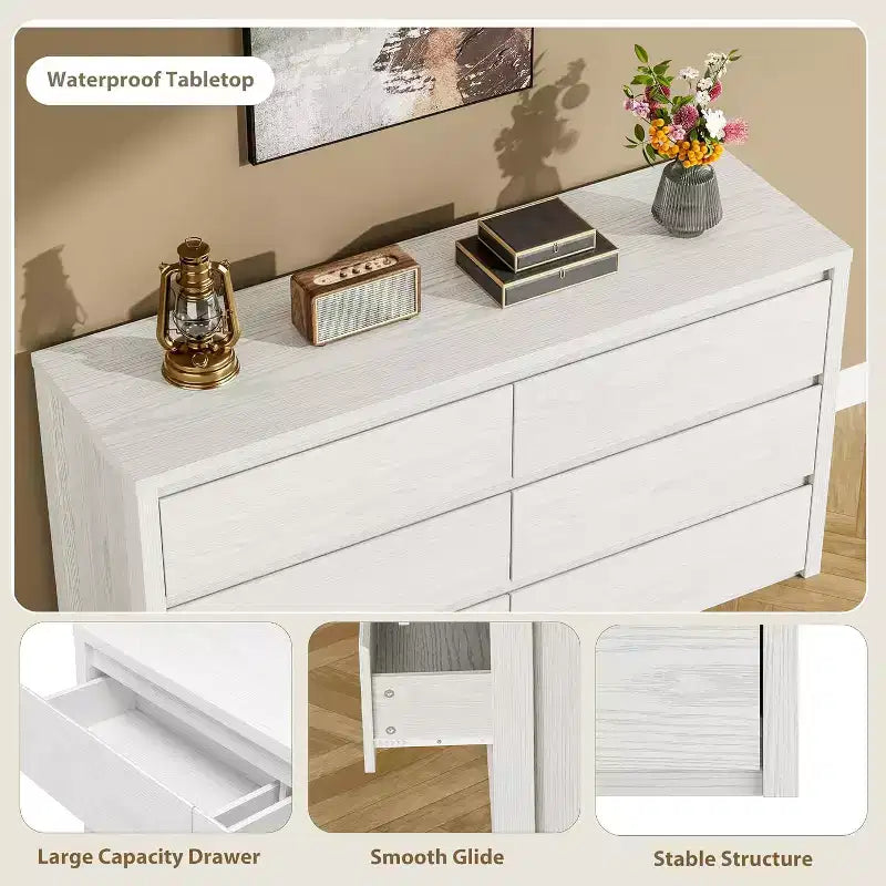 Modern 6 Drawer Dresser,47.2'' Wide Wood Chest of Drawers - Large Storage Cabinet for Living Room, Hallway, Entryway