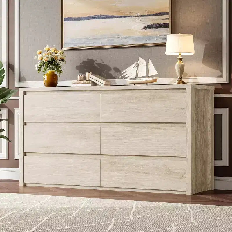 Modern 6 Drawer Dresser,47.2'' Wide Wood Chest of Drawers - Large Storage Cabinet for Living Room, Hallway, Entryway