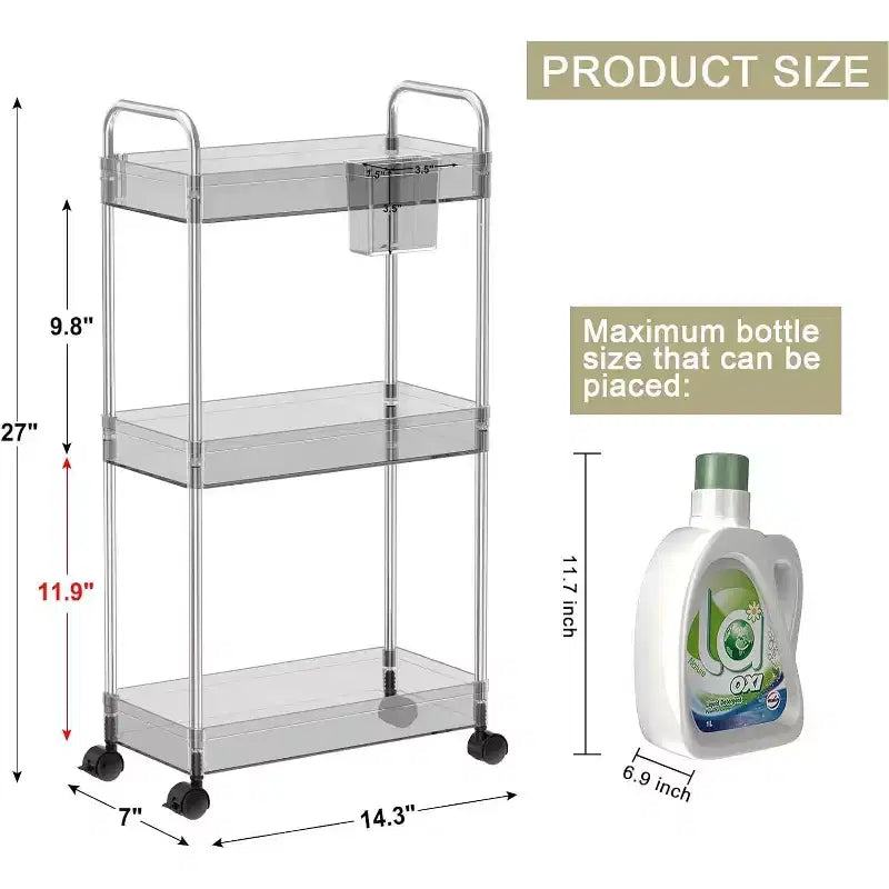 Aeelleea 3 Tier Acrylic Rolling Storage Cart, Clear Bathroom Organizer with Wheels, Extendable Shelves, Hooks & Cup Holder for Laundry, Office & Room