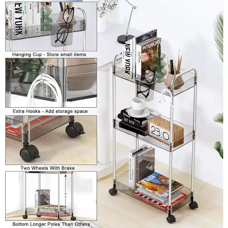 Aeelleea 3 Tier Acrylic Rolling Storage Cart, Clear Bathroom Organizer with Wheels, Extendable Shelves, Hooks & Cup Holder for Laundry, Office & Room