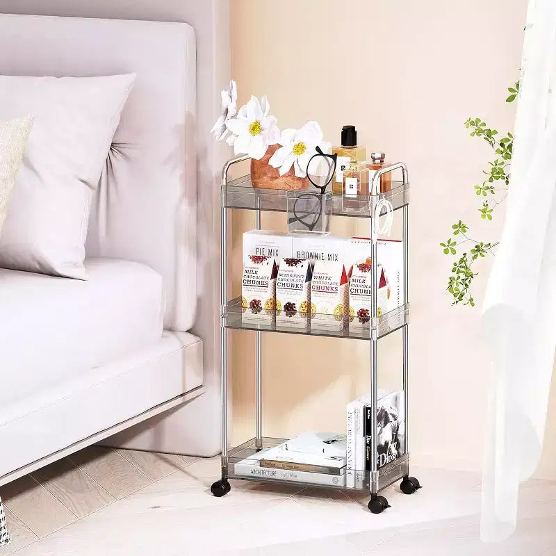 Aeelleea 3 Tier Acrylic Rolling Storage Cart, Clear Bathroom Organizer with Wheels, Extendable Shelves, Hooks & Cup Holder for Laundry, Office & Room