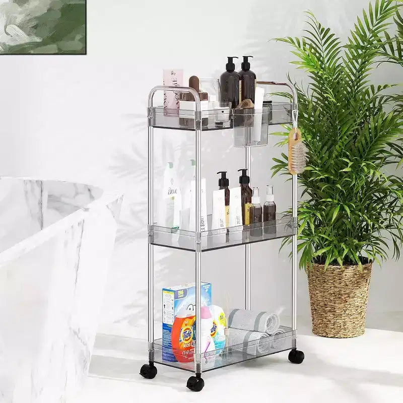 Aeelleea 3 Tier Acrylic Rolling Storage Cart, Clear Bathroom Organizer with Wheels, Extendable Shelves, Hooks & Cup Holder for Laundry, Office & Room
