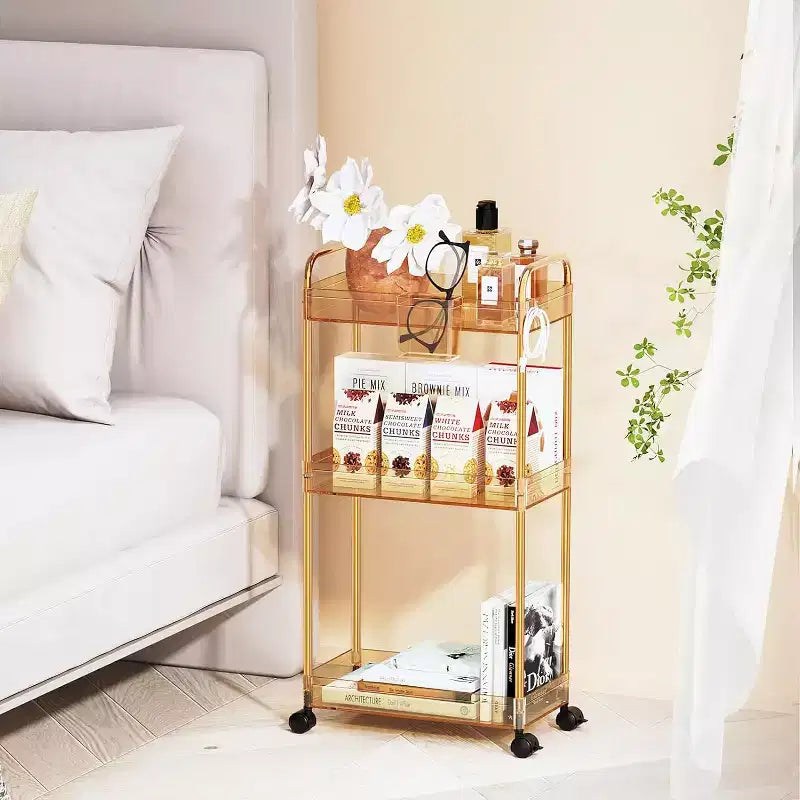 Aeelleea 3 Tier Acrylic Rolling Storage Cart, Clear Bathroom Organizer with Wheels, Extendable Shelves, Hooks & Cup Holder for Laundry, Office & Room