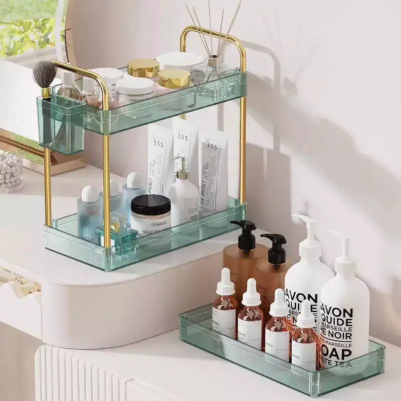 Aeelleea 3 Tier Acrylic Rolling Storage Cart, Clear Bathroom Organizer with Wheels, Extendable Shelves, Hooks & Cup Holder for Laundry, Office & Room