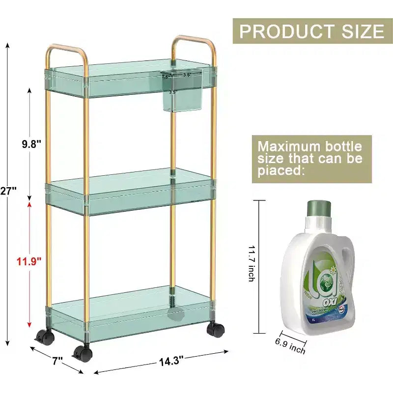 Aeelleea 3 Tier Acrylic Rolling Storage Cart, Clear Bathroom Organizer with Wheels, Extendable Shelves, Hooks & Cup Holder for Laundry, Office & Room