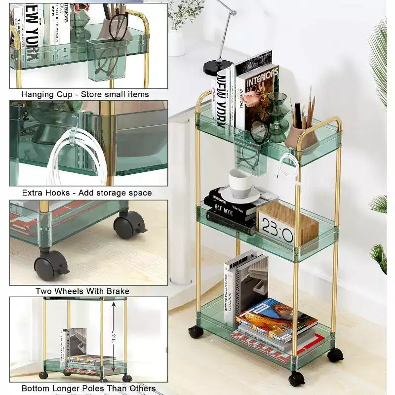 Aeelleea 3 Tier Acrylic Rolling Storage Cart, Clear Bathroom Organizer with Wheels, Extendable Shelves, Hooks & Cup Holder for Laundry, Office & Room