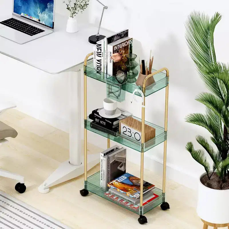 Aeelleea 3 Tier Acrylic Rolling Storage Cart, Clear Bathroom Organizer with Wheels, Extendable Shelves, Hooks & Cup Holder for Laundry, Office & Room