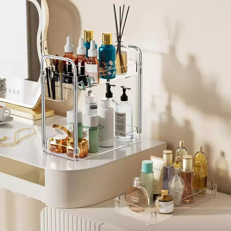 Aeelleea 3 Tier Acrylic Rolling Storage Cart, Clear Bathroom Organizer with Wheels, Extendable Shelves, Hooks & Cup Holder for Laundry, Office & Room