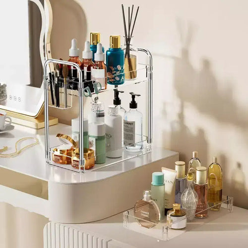 Aeelleea 3 Tier Acrylic Rolling Storage Cart, Clear Bathroom Organizer with Wheels, Extendable Shelves, Hooks & Cup Holder for Laundry, Office & Room