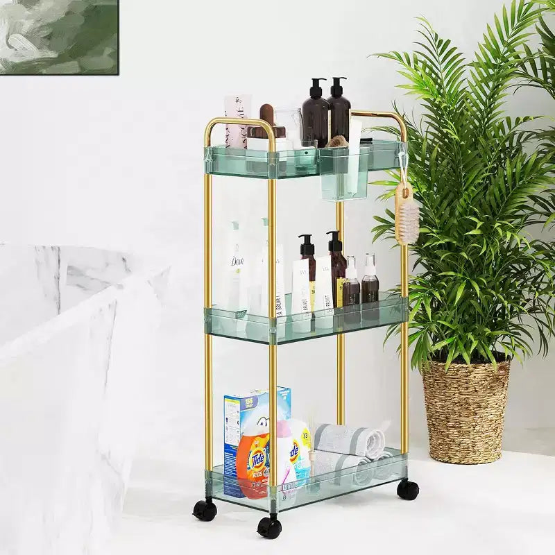 Aeelleea 3 Tier Acrylic Rolling Storage Cart, Clear Bathroom Organizer with Wheels, Extendable Shelves, Hooks & Cup Holder for Laundry, Office & Room
