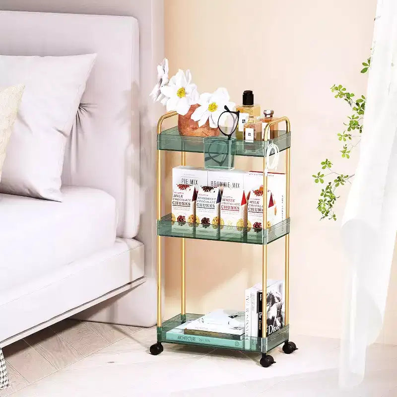 Aeelleea 3 Tier Acrylic Rolling Storage Cart, Clear Bathroom Organizer with Wheels, Extendable Shelves, Hooks & Cup Holder for Laundry, Office & Room