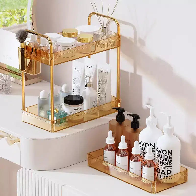 Aeelleea 3 Tier Acrylic Rolling Storage Cart, Clear Bathroom Organizer with Wheels, Extendable Shelves, Hooks & Cup Holder for Laundry, Office & Room