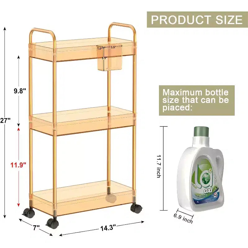 Aeelleea 3 Tier Acrylic Rolling Storage Cart, Clear Bathroom Organizer with Wheels, Extendable Shelves, Hooks & Cup Holder for Laundry, Office & Room