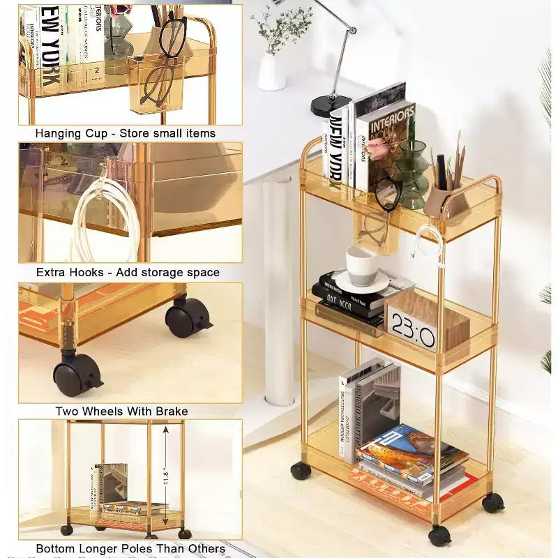 Aeelleea 3 Tier Acrylic Rolling Storage Cart, Clear Bathroom Organizer with Wheels, Extendable Shelves, Hooks & Cup Holder for Laundry, Office & Room