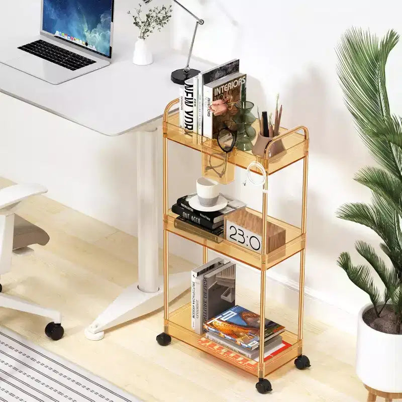 Aeelleea 3 Tier Acrylic Rolling Storage Cart, Clear Bathroom Organizer with Wheels, Extendable Shelves, Hooks & Cup Holder for Laundry, Office & Room