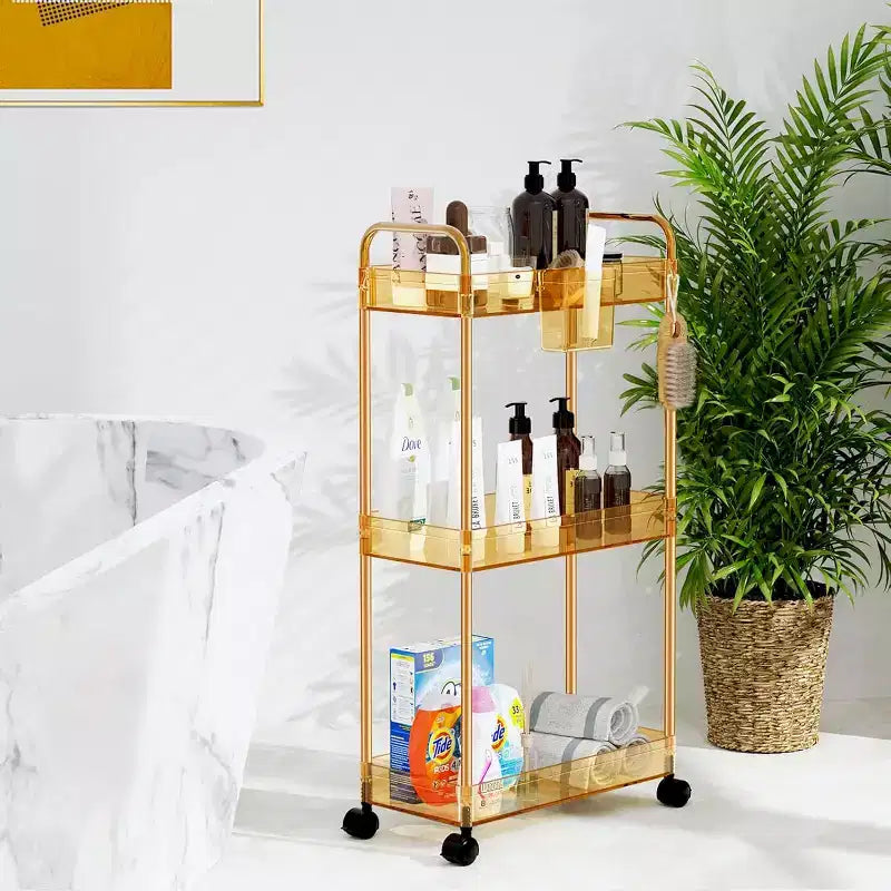 Aeelleea 3 Tier Acrylic Rolling Storage Cart, Clear Bathroom Organizer with Wheels, Extendable Shelves, Hooks & Cup Holder for Laundry, Office & Room
