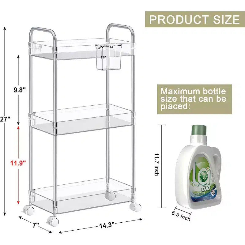 Aeelleea 3 Tier Acrylic Rolling Storage Cart, Clear Bathroom Organizer with Wheels, Extendable Shelves, Hooks & Cup Holder for Laundry, Office & Room