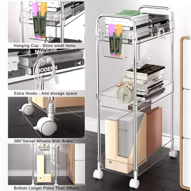 Aeelleea 3 Tier Acrylic Rolling Storage Cart, Clear Bathroom Organizer with Wheels, Extendable Shelves, Hooks & Cup Holder for Laundry, Office & Room