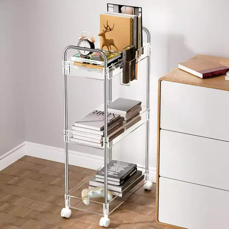 Aeelleea 3 Tier Acrylic Rolling Storage Cart, Clear Bathroom Organizer with Wheels, Extendable Shelves, Hooks & Cup Holder for Laundry, Office & Room