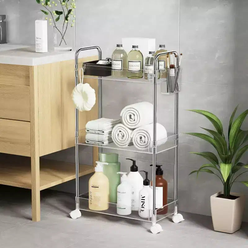 Aeelleea 3 Tier Acrylic Rolling Storage Cart, Clear Bathroom Organizer with Wheels, Extendable Shelves, Hooks & Cup Holder for Laundry, Office & Room