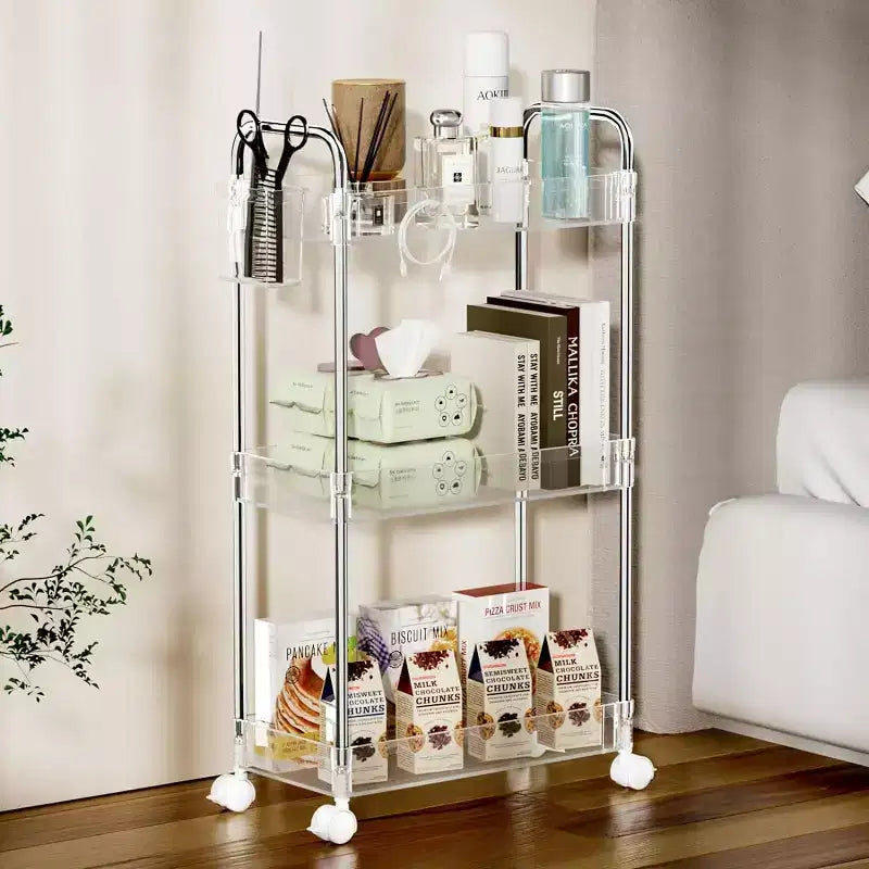 Aeelleea 3 Tier Acrylic Rolling Storage Cart, Clear Bathroom Organizer with Wheels, Extendable Shelves, Hooks & Cup Holder for Laundry, Office & Room