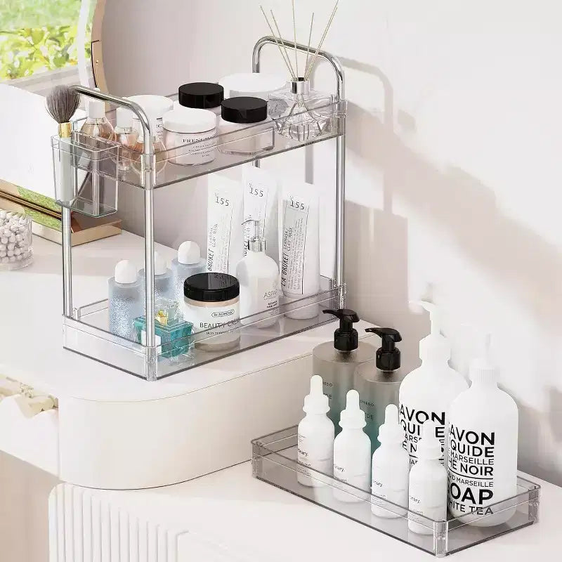 Aeelleea 3 Tier Acrylic Rolling Storage Cart, Clear Bathroom Organizer with Wheels, Extendable Shelves, Hooks & Cup Holder for Laundry, Office & Room