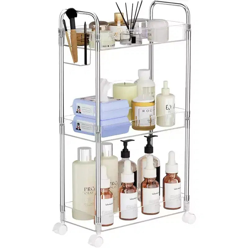 Aeelleea 3 Tier Acrylic Rolling Storage Cart, Clear Bathroom Organizer with Wheels, Extendable Shelves, Hooks & Cup Holder for Laundry, Office & Room
