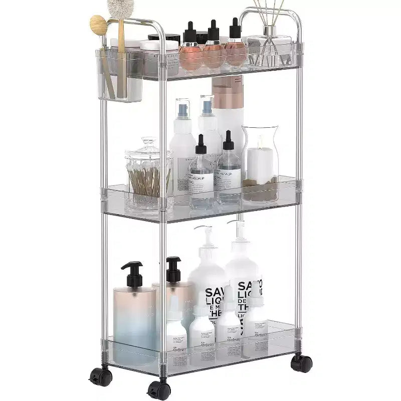 Aeelleea 3 Tier Acrylic Rolling Storage Cart, Clear Bathroom Organizer with Wheels, Extendable Shelves, Hooks & Cup Holder for Laundry, Office & Room