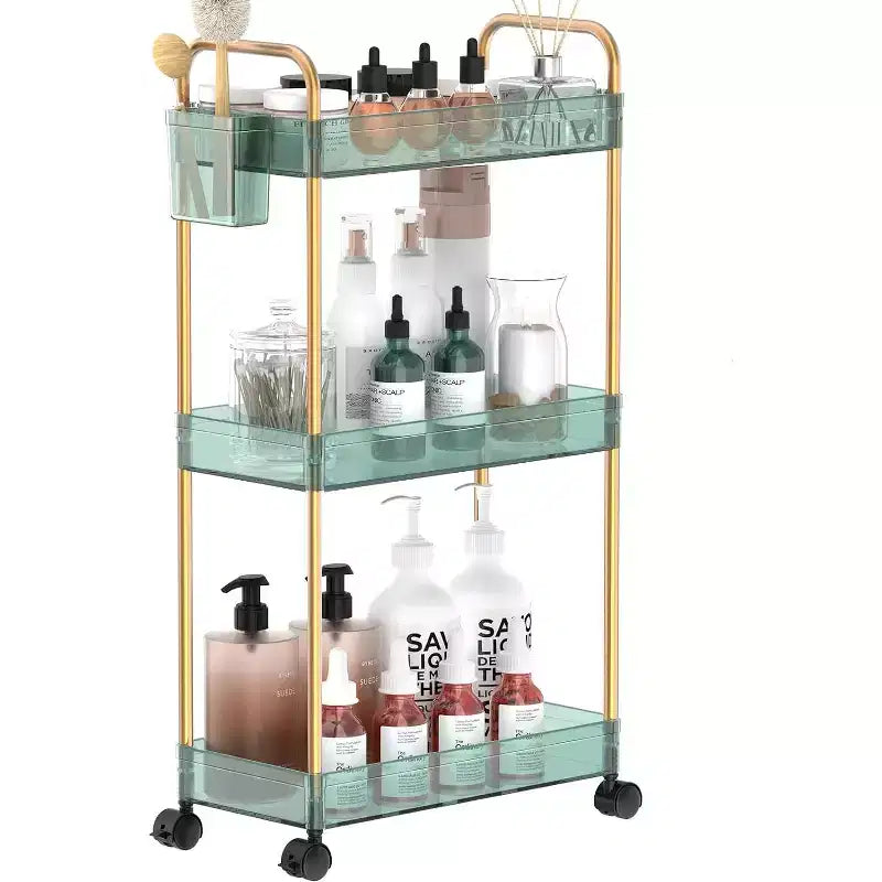 Aeelleea 3 Tier Acrylic Rolling Storage Cart, Clear Bathroom Organizer with Wheels, Extendable Shelves, Hooks & Cup Holder for Laundry, Office & Room