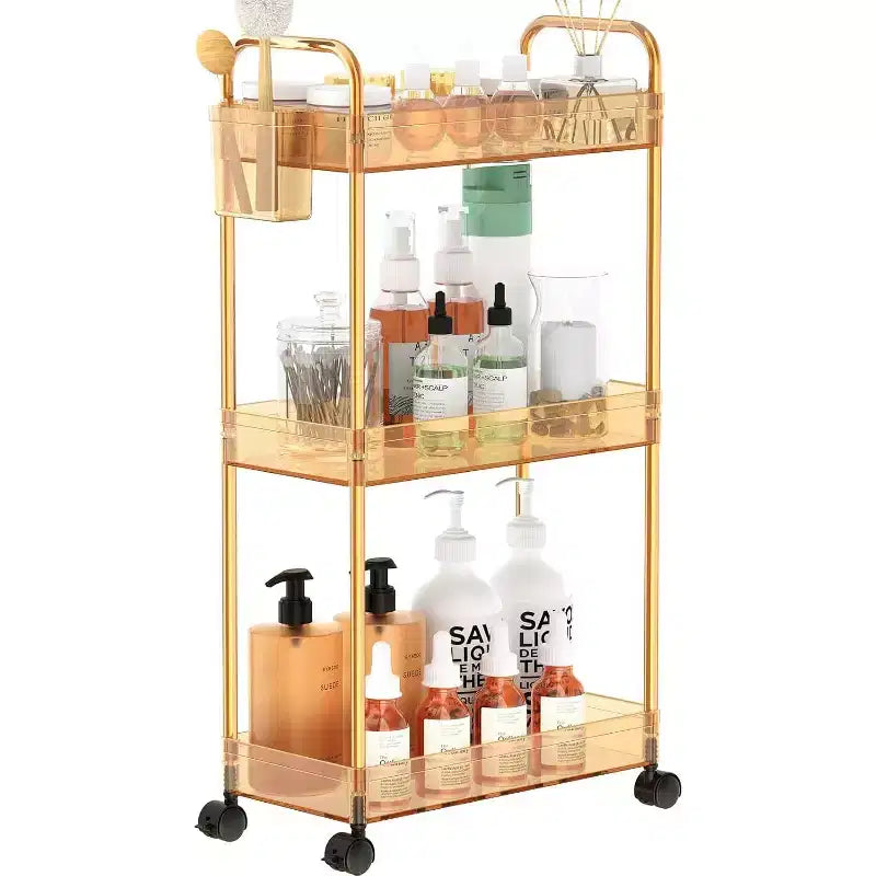 Aeelleea 3 Tier Acrylic Rolling Storage Cart, Clear Bathroom Organizer with Wheels, Extendable Shelves, Hooks & Cup Holder for Laundry, Office & Room