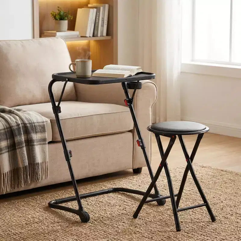 FurnitureR Folding Table and Stool Set, Adjustable Height Tray Table with Tilting Top and Cup Holder, Portable Desk for Bed, Sofa, Study or Outdoor