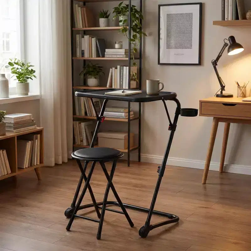 FurnitureR Folding Table and Stool Set, Adjustable Height Tray Table with Tilting Top and Cup Holder, Portable Desk for Bed, Sofa, Study or Outdoor