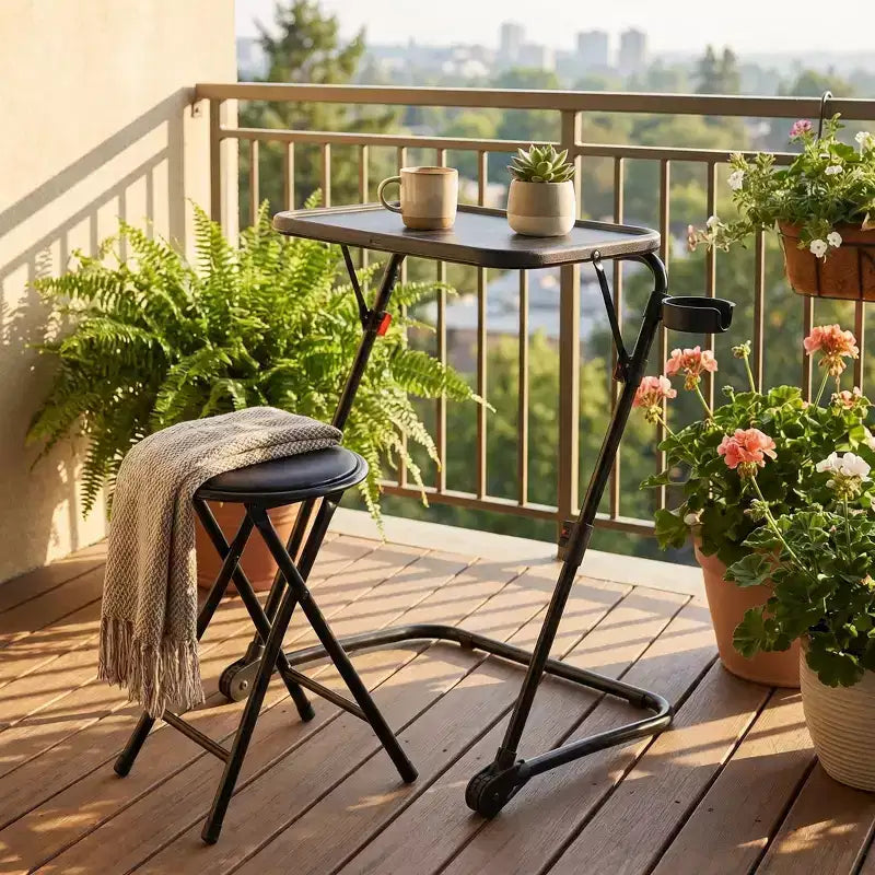 FurnitureR Folding Table and Stool Set, Adjustable Height Tray Table with Tilting Top and Cup Holder, Portable Desk for Bed, Sofa, Study or Outdoor