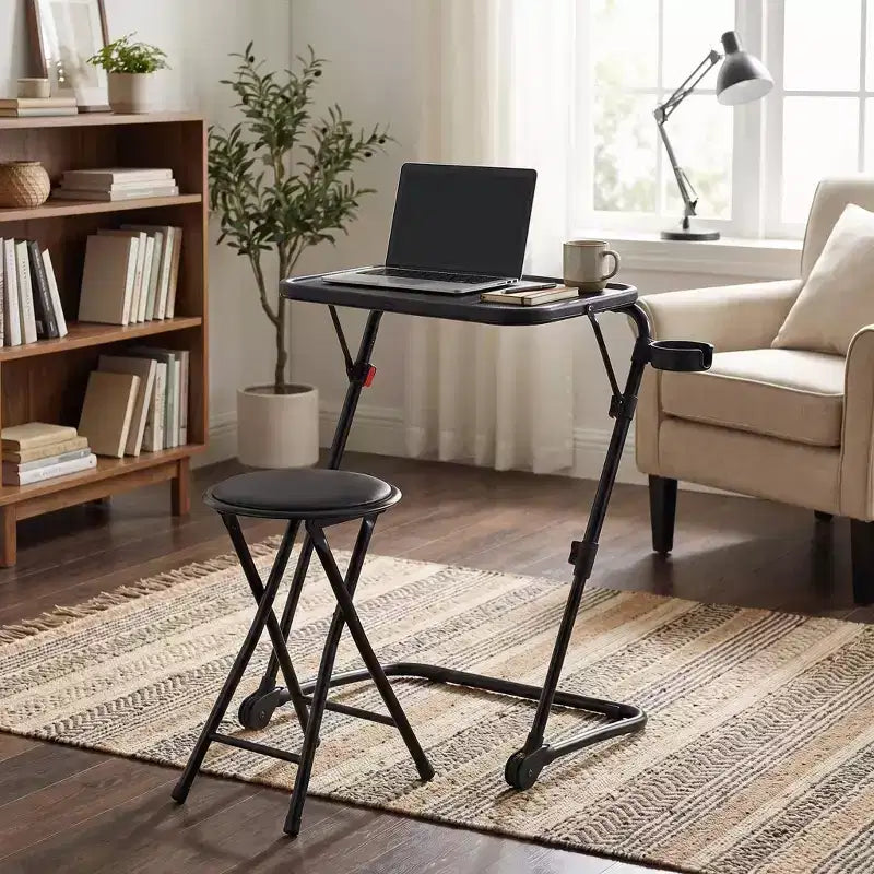 FurnitureR Folding Table and Stool Set, Adjustable Height Tray Table with Tilting Top and Cup Holder, Portable Desk for Bed, Sofa, Study or Outdoor