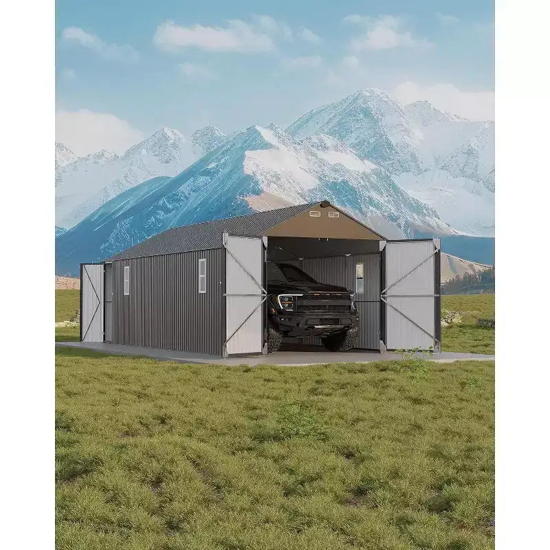 LinTimes 12x25FT Metal Carport Fully Enclosed Garage Shelter with Vertical Rain Roof All-Steel Structure Heavy Duty Garden Storage Shed
