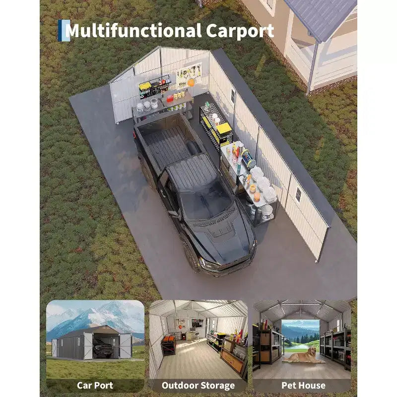 LinTimes 12x25FT Metal Carport Fully Enclosed Garage Shelter with Vertical Rain Roof All-Steel Structure Heavy Duty Garden Storage Shed