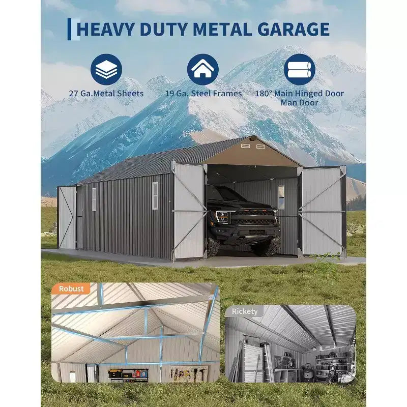 LinTimes 12x25FT Metal Carport Fully Enclosed Garage Shelter with Vertical Rain Roof All-Steel Structure Heavy Duty Garden Storage Shed