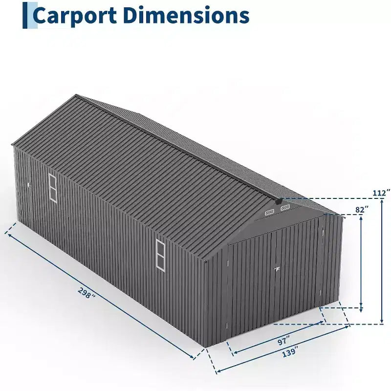 LinTimes 12x25FT Metal Carport Fully Enclosed Garage Shelter with Vertical Rain Roof All-Steel Structure Heavy Duty Garden Storage Shed