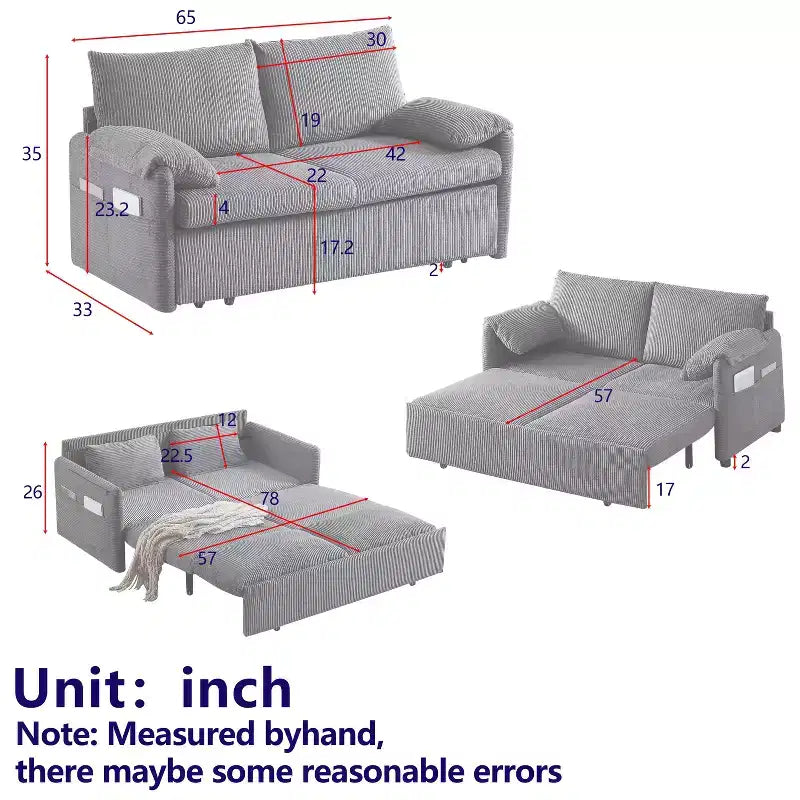 MAYEERTY 64.5 3-in-1 Convertible Corduroy Sleeper Sofa Bed with Pullout Bed
