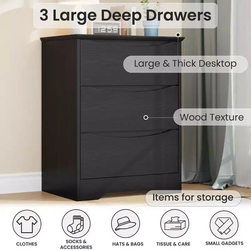 Wooden Dresser with 3 Drawers, Tall Modern Closet with Deep Storage, Large Chest of Drawers with Wide Top, Wood Closet Clothes Storage Organizer
