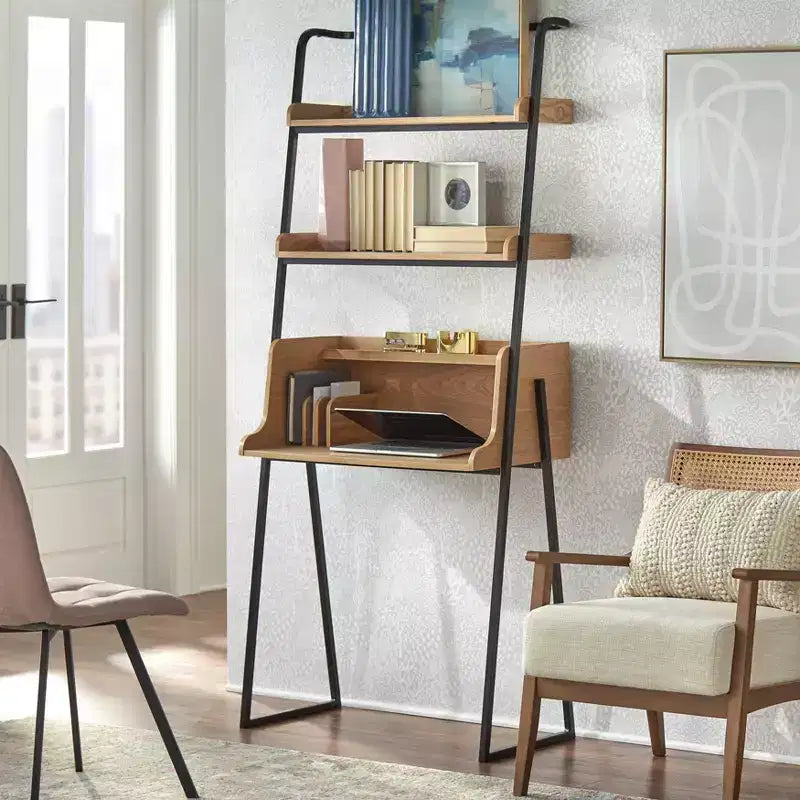 Lifestorey Estanier Desk with Shelves Natural/Black: Industrial Style, Veneer Finish, Metal Frame, Open Storage