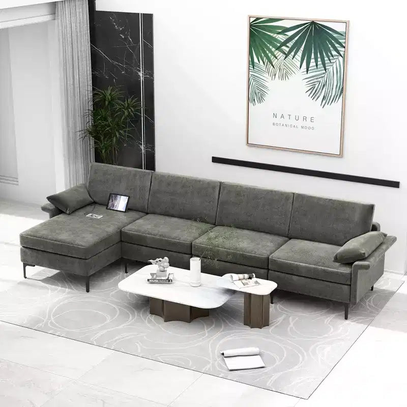 Costway Modern Modular L-shaped Sectional Sofa w/ Reversible Chaise & 4 USB Ports