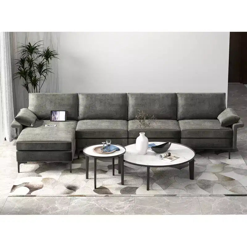 Costway Modern Modular L-shaped Sectional Sofa w/ Reversible Chaise & 4 USB Ports