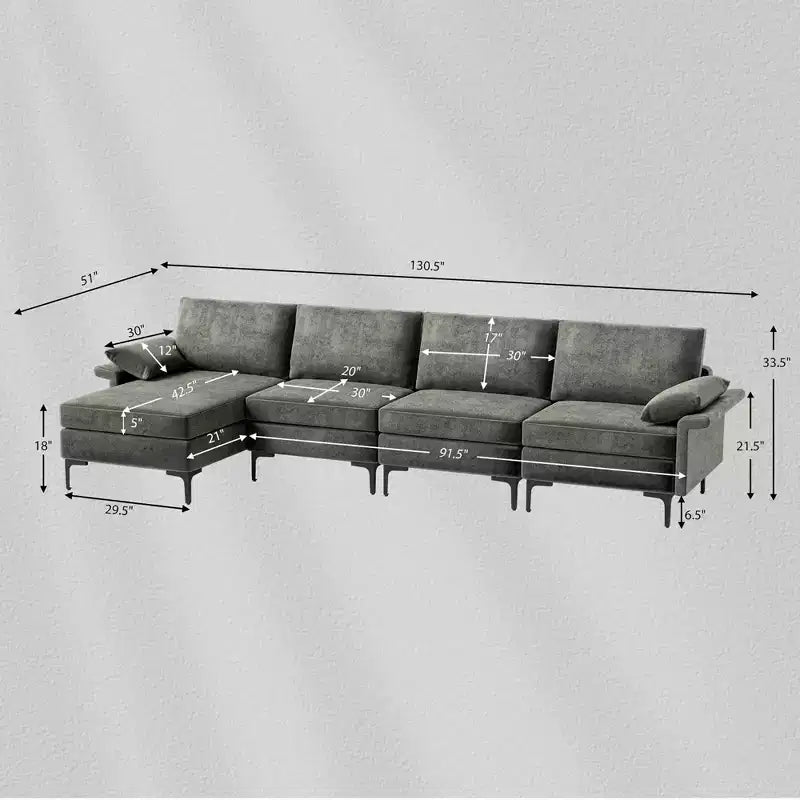 Costway Modern Modular L-shaped Sectional Sofa w/ Reversible Chaise & 4 USB Ports