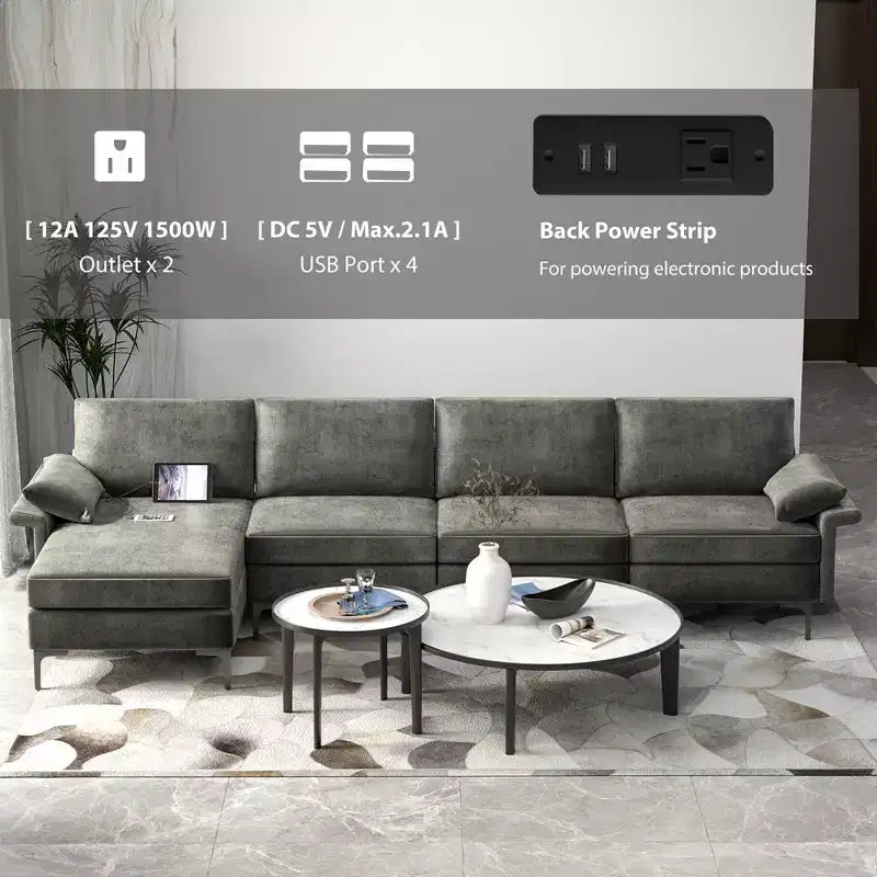 Costway Modern Modular L-shaped Sectional Sofa w/ Reversible Chaise & 4 USB Ports
