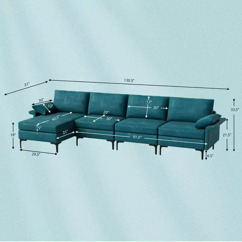 Costway Modern Modular L-shaped Sectional Sofa w/ Reversible Chaise & 4 USB Ports