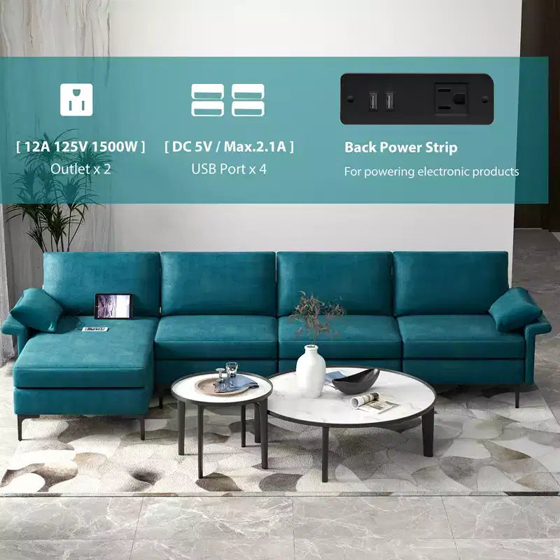 Costway Modern Modular L-shaped Sectional Sofa w/ Reversible Chaise & 4 USB Ports