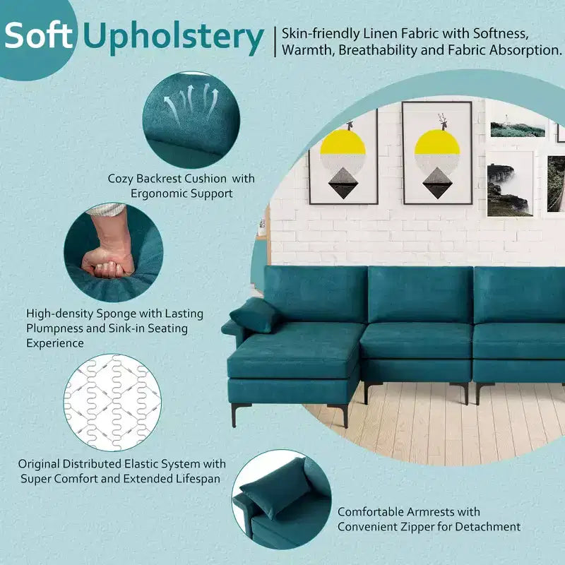 Costway Modern Modular L-shaped Sectional Sofa w/ Reversible Chaise & 4 USB Ports